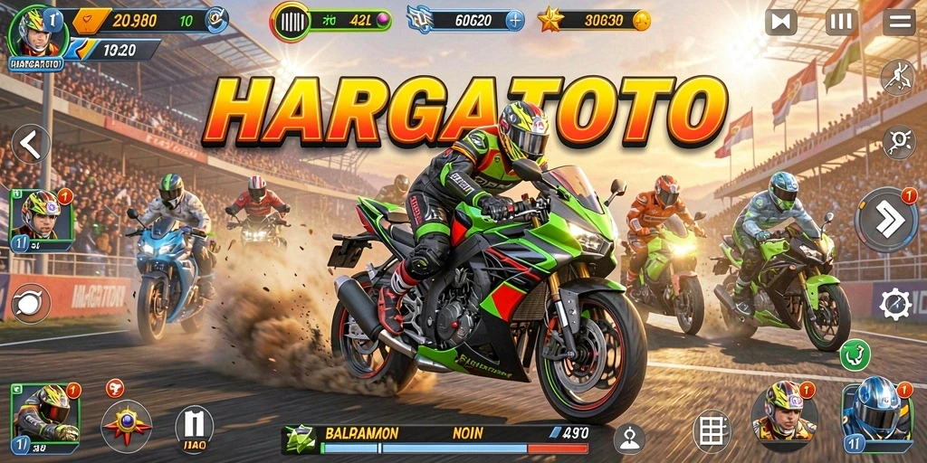 Gameplay HARGATOTO dengan balapan motor yang seru dan menegangkan.