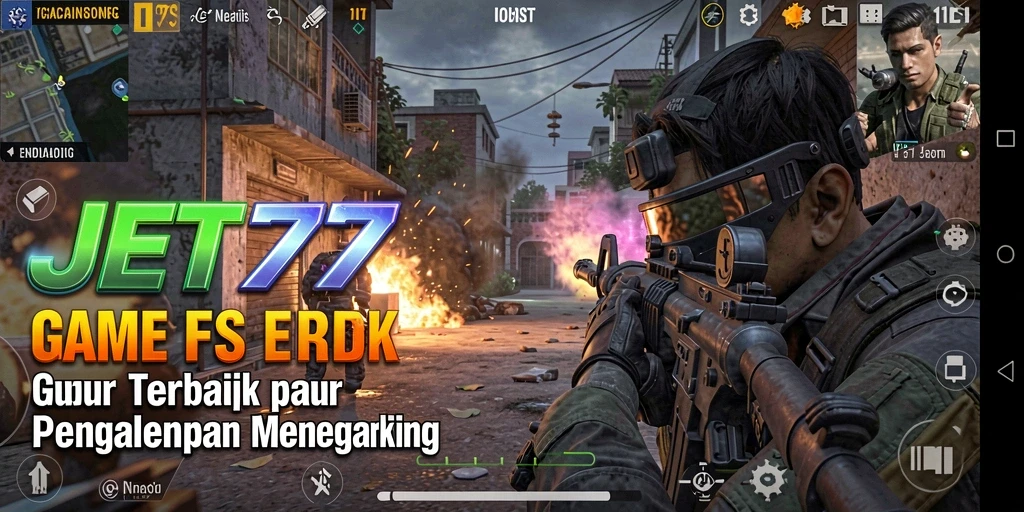 Screenshot utama JET77 menampilkan aksi intense dalam gameplay FPS.