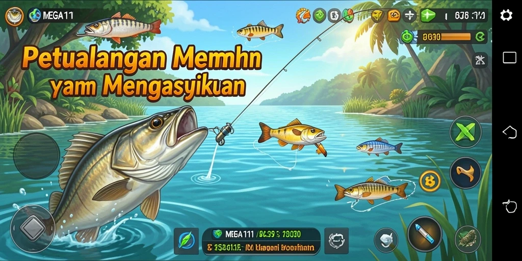 Screenshot gameplay MEGA111 menampilkan keseruan memancing.