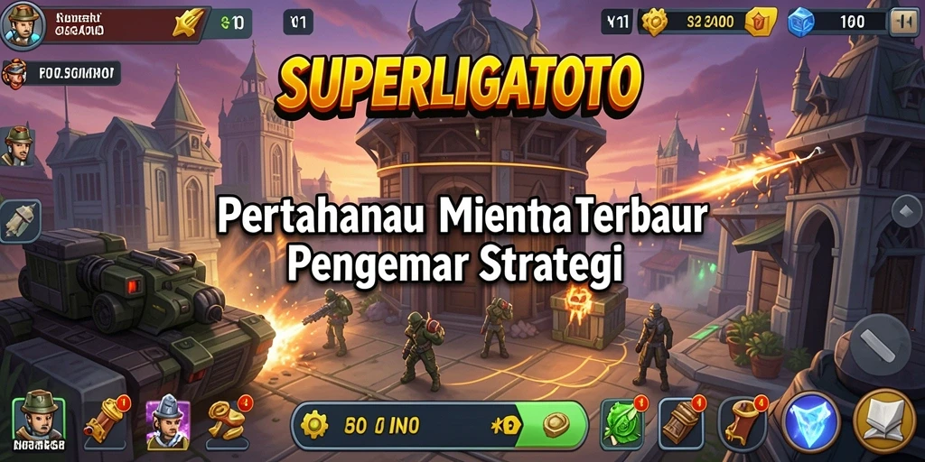 Screenshot utama gameplay SUPERLIGATOTO dengan menara yang melawan gelombang musuh.